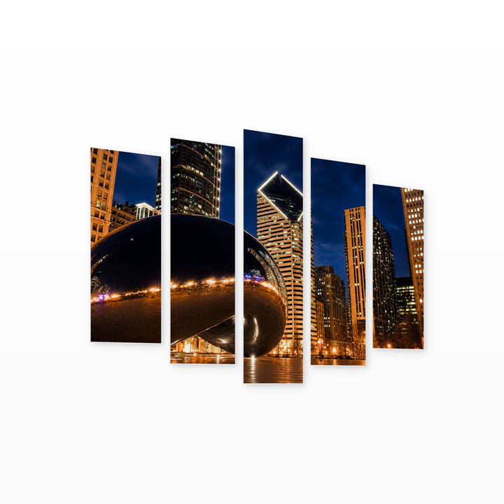 Cloud Gate in Millennium Park After Dark — five-panel wall art on white background in perspective | 5wallart 55724 M1
