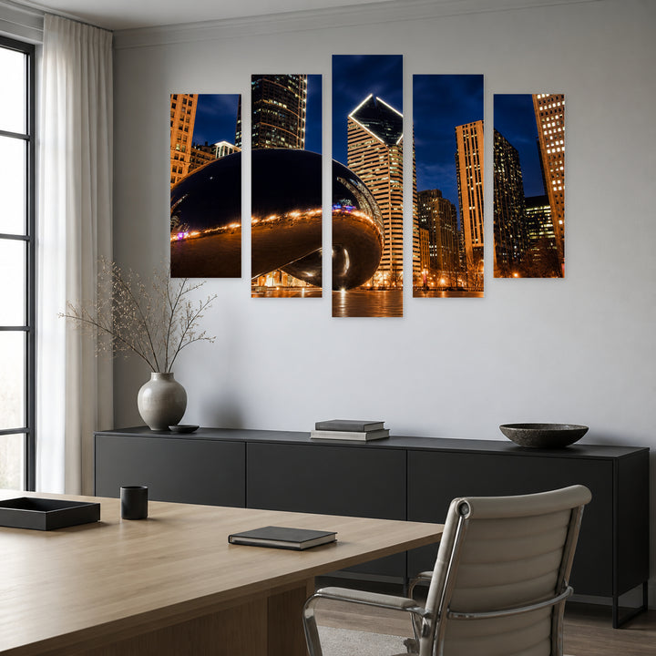 Cloud Gate in Millennium Park After Dark — five-panel wall art in frontal interior | 5wallart 55724 M3