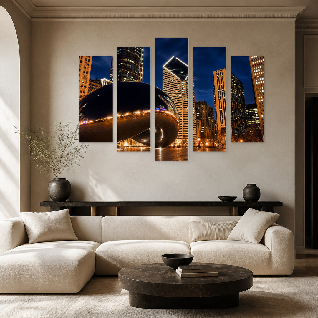 Cloud Gate in Millennium Park After Dark — five-panel wall art in alternate frontal interior | 5wallart 55724 M4