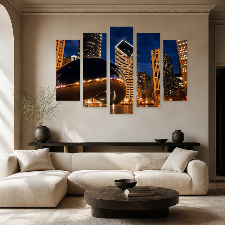 Cloud Gate in Millennium Park After Dark — five-panel wall art in alternate frontal interior | 5wallart 55724 M4