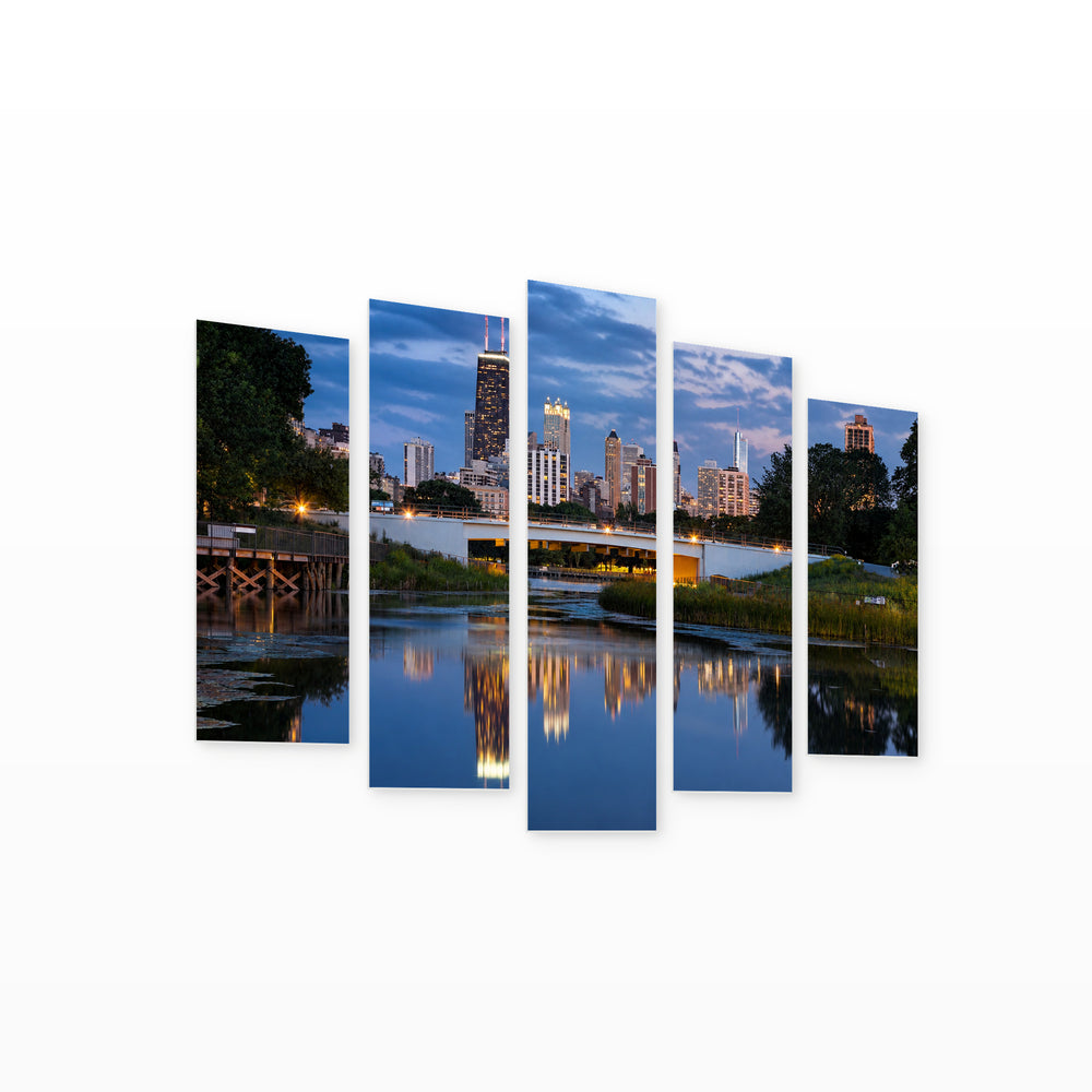 Lincoln Park, Chicago in Blue and Gold — five-panel wall art on white background in perspective | 5wallart 55726 M1