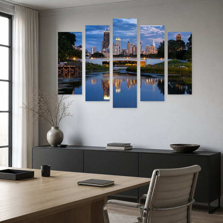 Lincoln Park, Chicago in Blue and Gold — five-panel wall art in frontal interior | 5wallart 55726 M3