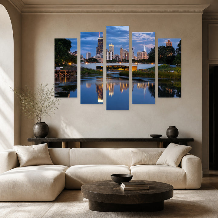 Lincoln Park, Chicago in Blue and Gold — five-panel wall art in alternate frontal interior | 5wallart 55726 M4