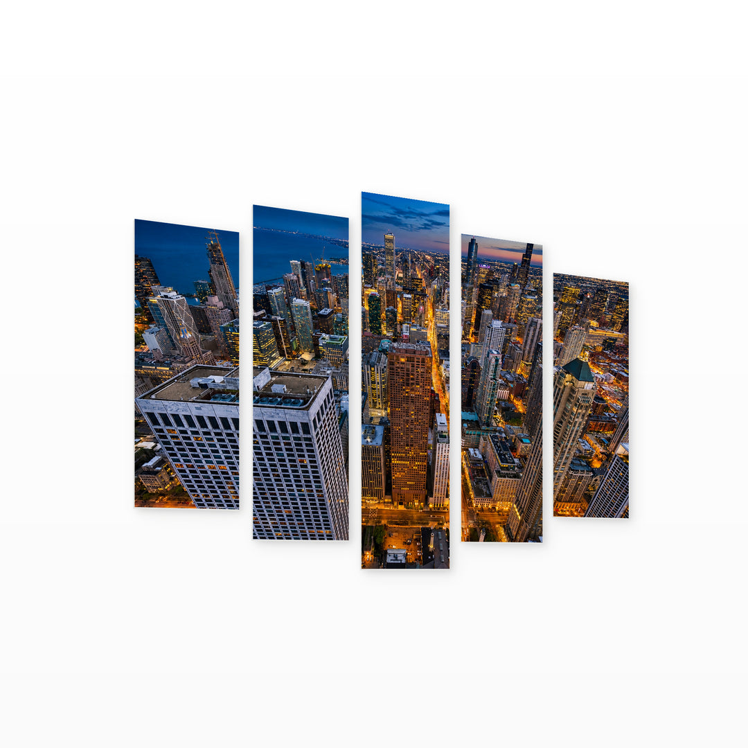 Chicago Cityscape at Night — five-panel wall art on white background in perspective | 5wallart 55728 M1