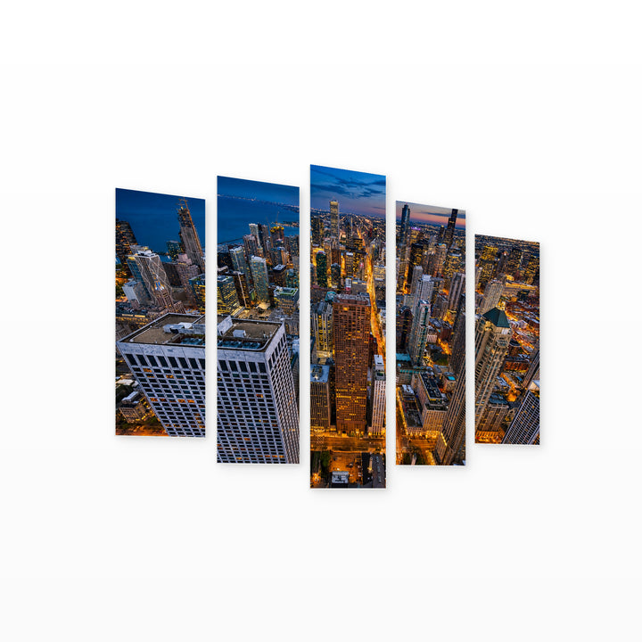 Chicago Cityscape at Night — five-panel wall art on white background in perspective | 5wallart 55728 M1