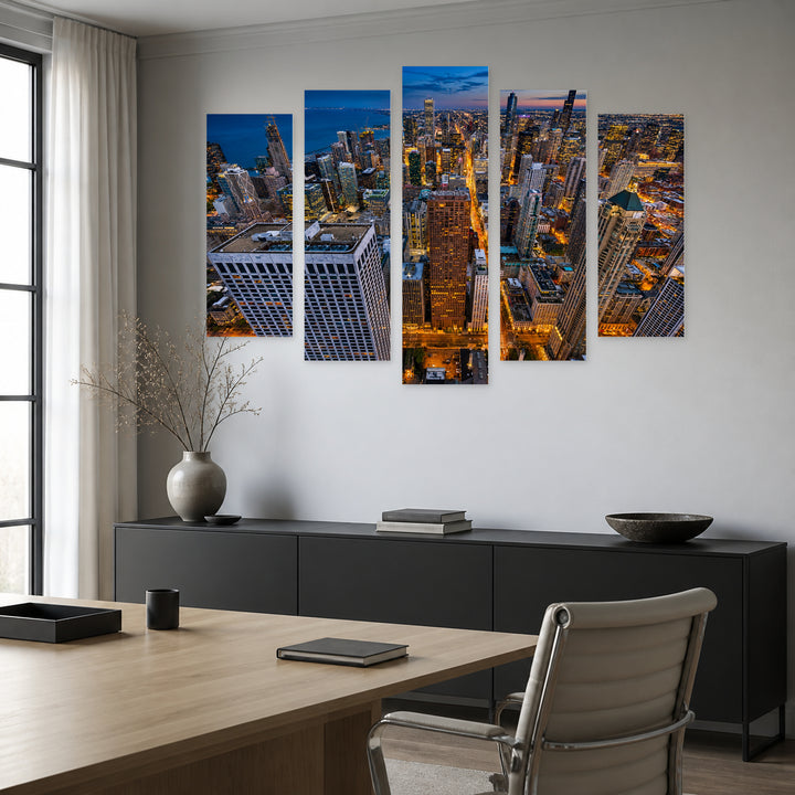Chicago Cityscape at Night — five-panel wall art in frontal interior | 5wallart 55728 M3