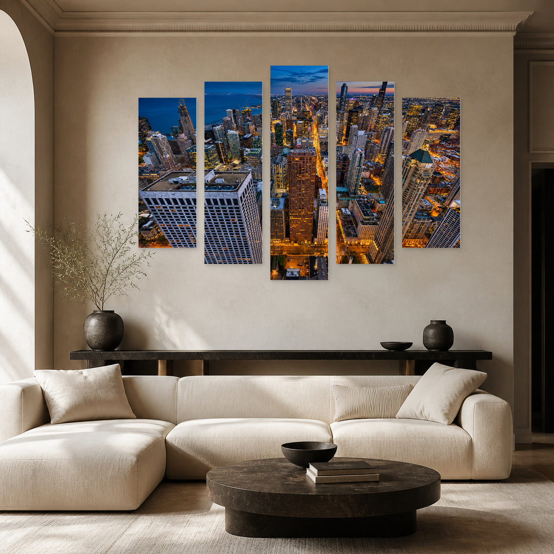 Chicago Cityscape at Night — five-panel wall art in alternate frontal interior | 5wallart 55728 M4
