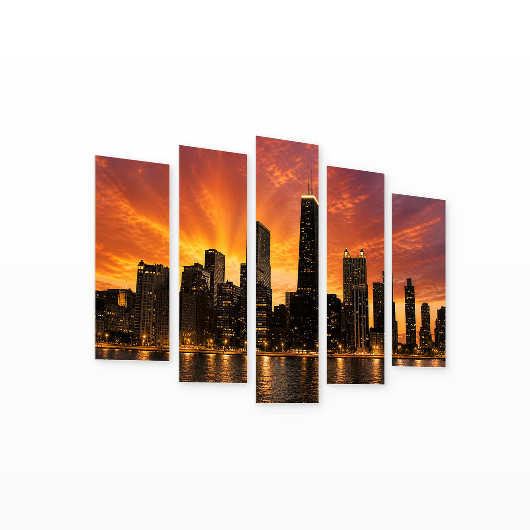 Golden Sunset over Skyscraper Silhouette — five-panel wall art on white background in perspective | 5wallart 55729 M1