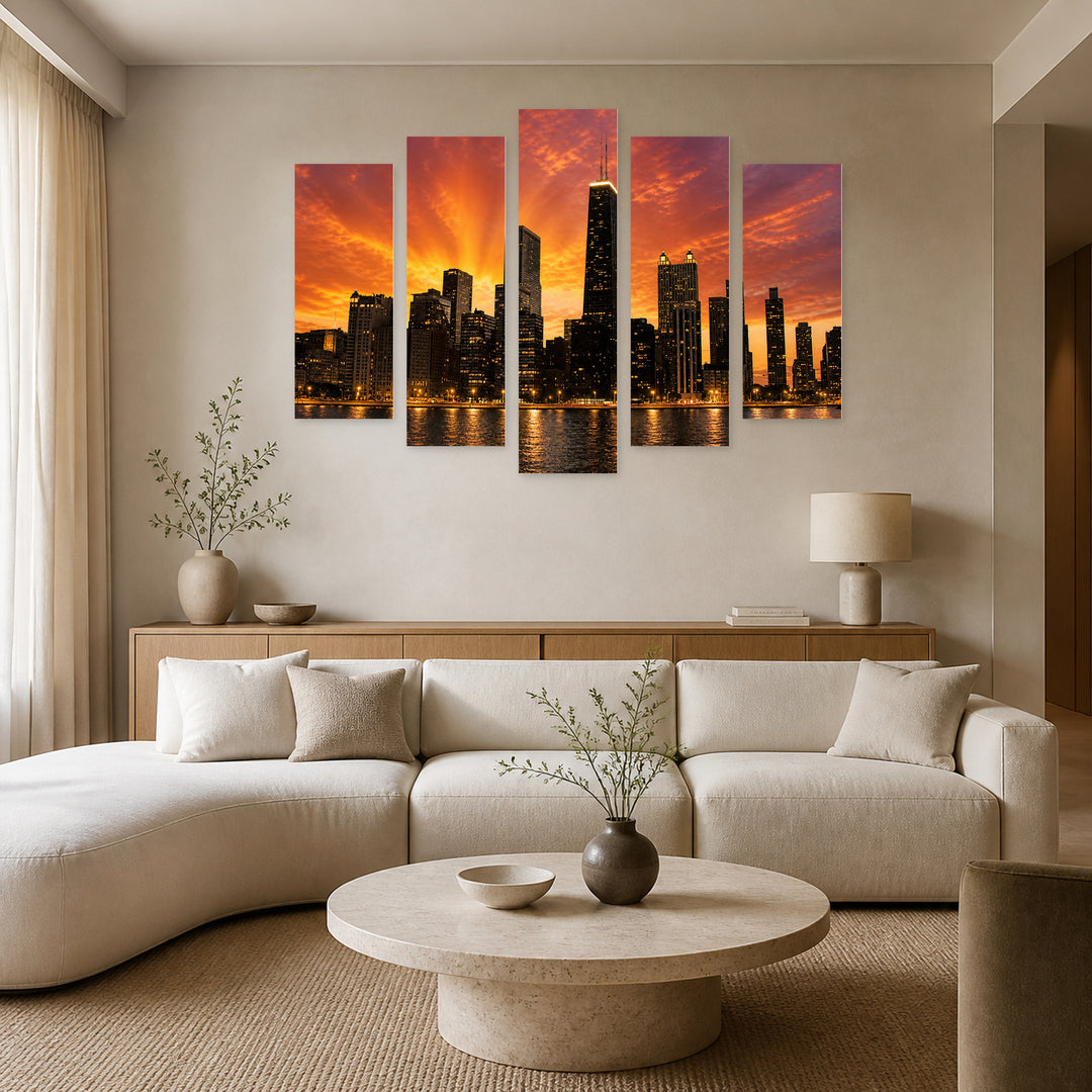 Golden Sunset over Skyscraper Silhouette — five-panel wall art in frontal interior | 5wallart 55729 M3