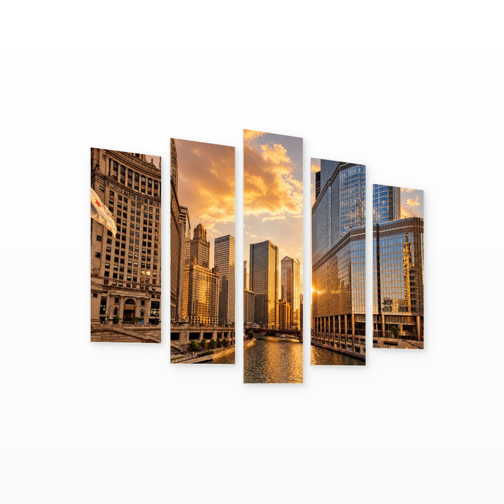 Golden Sunset over Chicago — five-panel wall art on white background in perspective | 5wallart 55730 M1