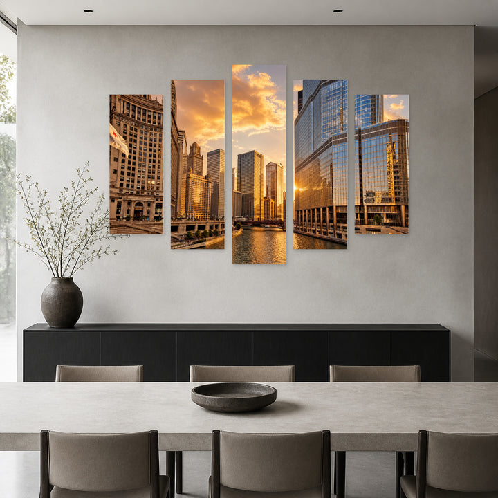 Golden Sunset over Chicago — five-panel wall art in frontal interior | 5wallart 55730 M3