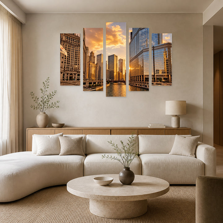 Golden Sunset over Chicago — five-panel wall art in alternate frontal interior | 5wallart 55730 M4