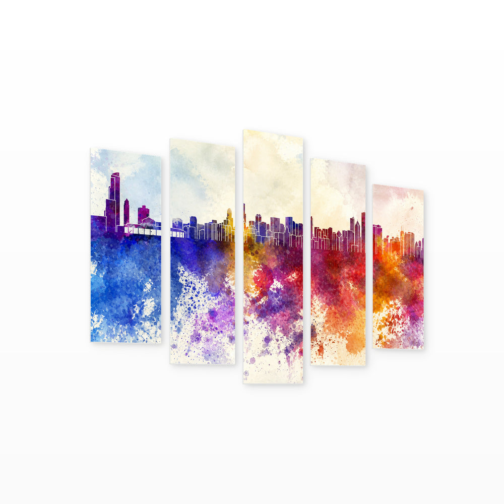 Chicago in Watercolor Colors Modern Composition — five-panel wall art on white background in perspective | 5wallart 55731 M1