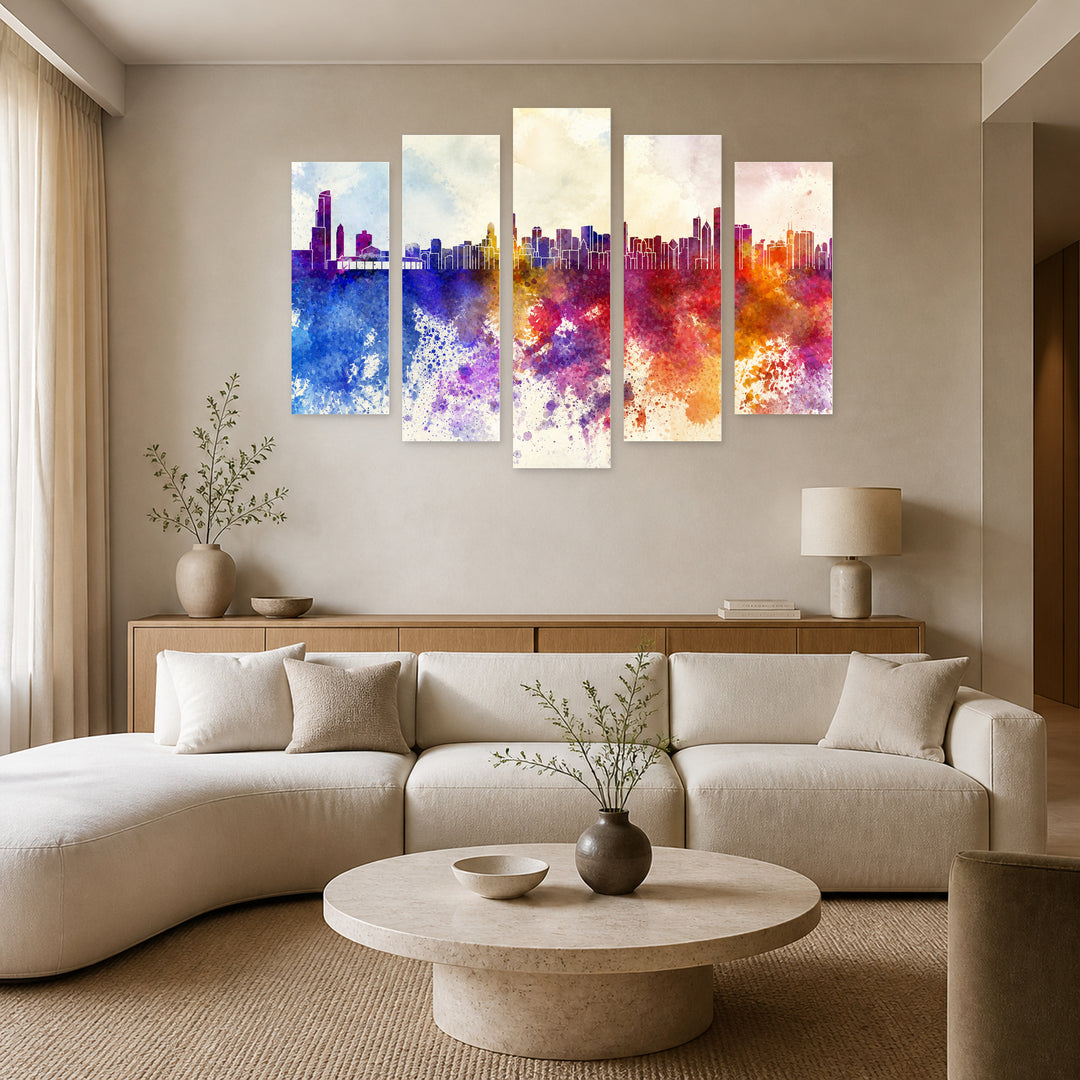 Chicago in Watercolor Colors Modern Composition — five-panel wall art in frontal interior | 5wallart 55731 M3