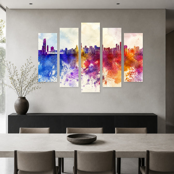 Chicago in Watercolor Colors Modern Composition — five-panel wall art in alternate frontal interior | 5wallart 55731 M4
