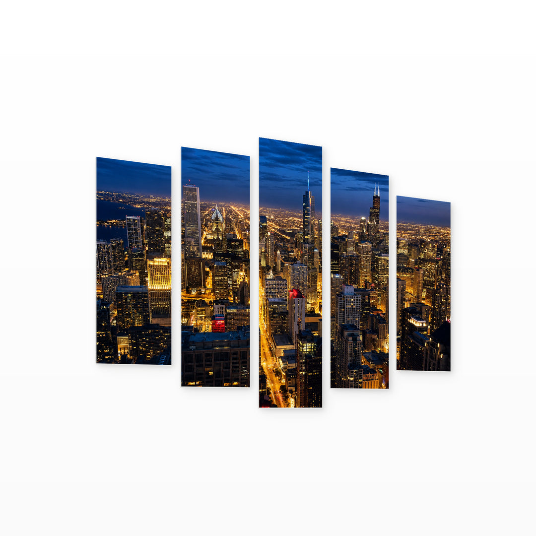 Night View of Chicago in Blue and Gold — five-panel wall art on white background in perspective | 5wallart 55732 M1