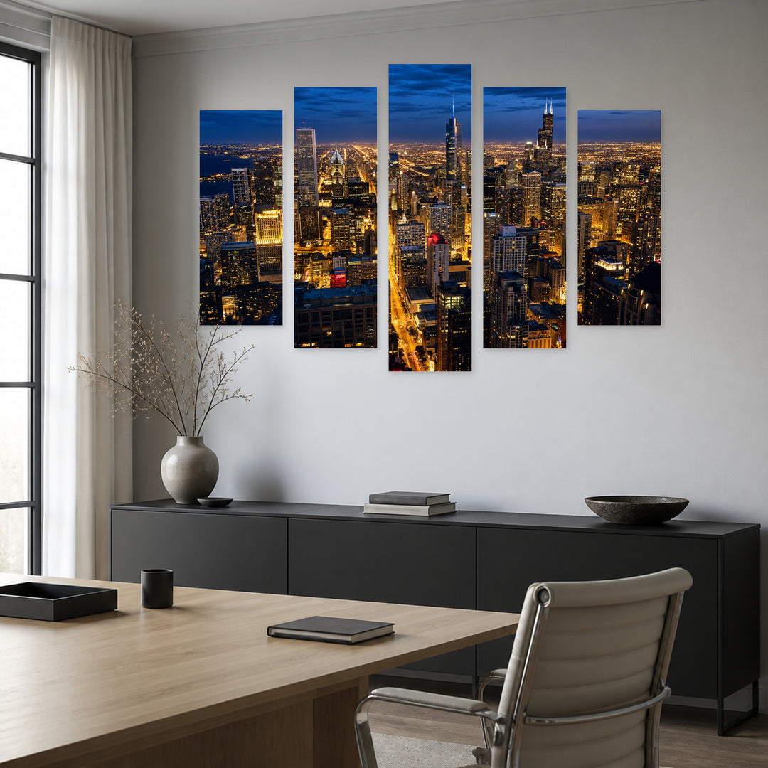Night View of Chicago in Blue and Gold — five-panel wall art in frontal interior | 5wallart 55732 M3
