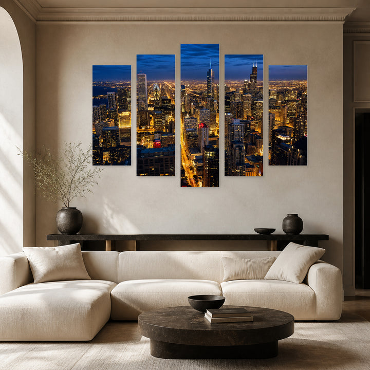 Night View of Chicago in Blue and Gold — five-panel wall art in alternate frontal interior | 5wallart 55732 M4