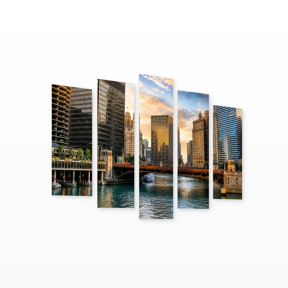 View of Chicago, Illinois in Blue and Gold — five-panel wall art on white background in perspective | 5wallart 55733 M1