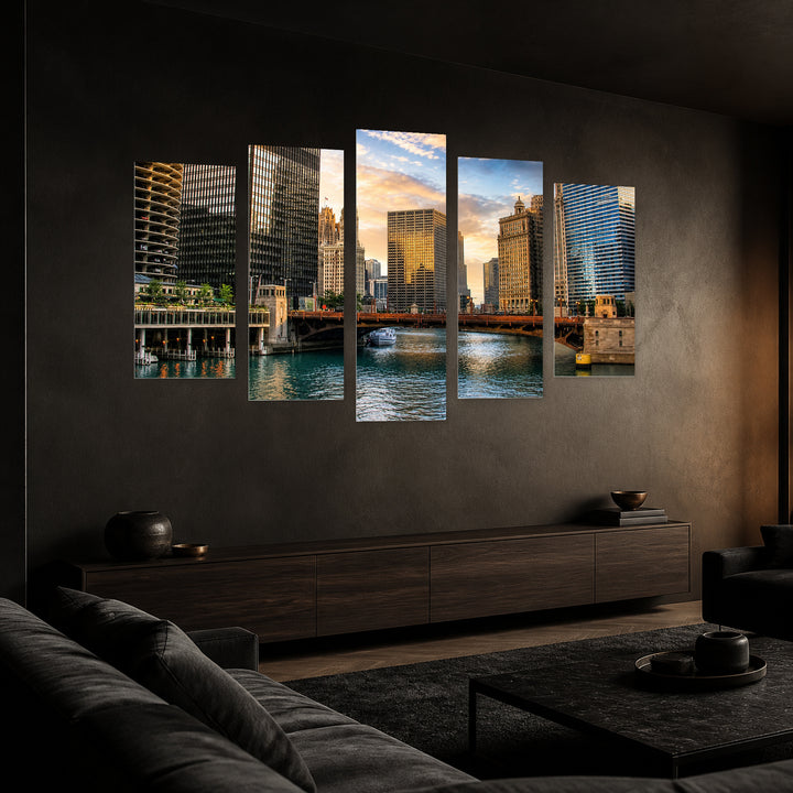 View of Chicago, Illinois in Blue and Gold — five-panel wall art in perspective interior | 5wallart 55733 M2