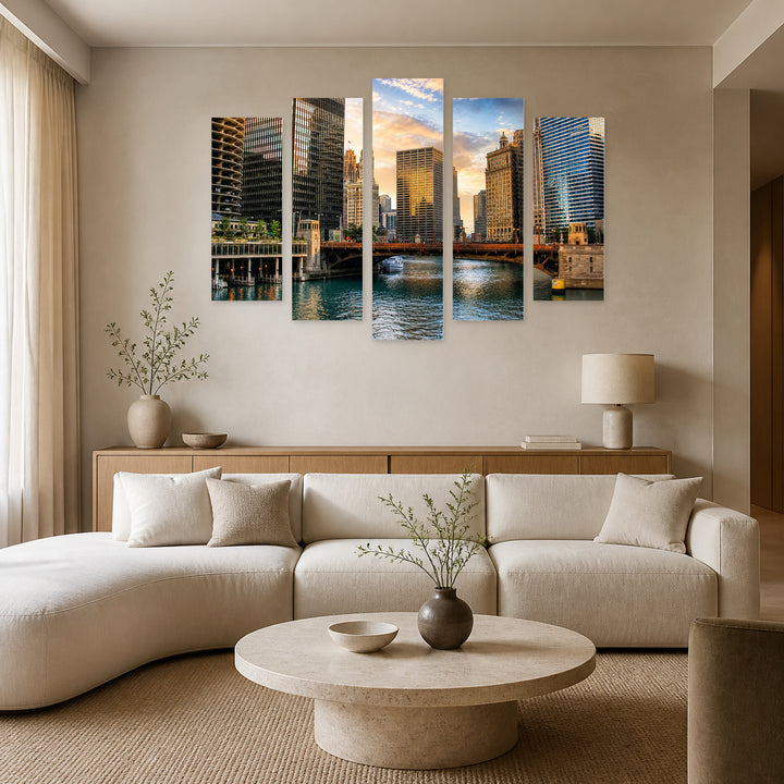 View of Chicago, Illinois in Blue and Gold — five-panel wall art in frontal interior | 5wallart 55733 M3