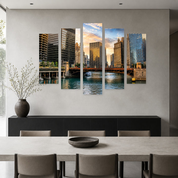 View of Chicago, Illinois in Blue and Gold — five-panel wall art in alternate frontal interior | 5wallart 55733 M4