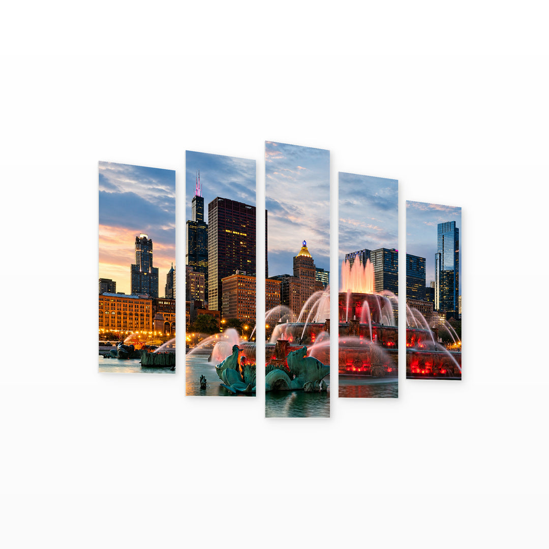 Buckingham Fountain in Chicago in Vivid Color — five-panel wall art on white background in perspective | 5wallart 55734 M1