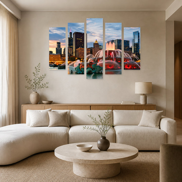 Buckingham Fountain in Chicago in Vivid Color — five-panel wall art in alternate frontal interior | 5wallart 55734 M4