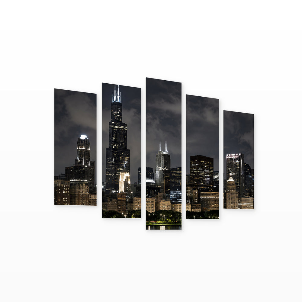 Skyscrapers in Chicago with Dramatic Contrast — five-panel wall art on white background in perspective | 5wallart 55735 M1
