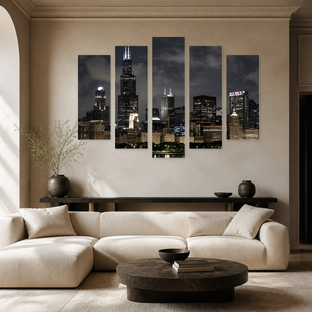Skyscrapers in Chicago with Dramatic Contrast — five-panel wall art in frontal interior | 5wallart 55735 M3