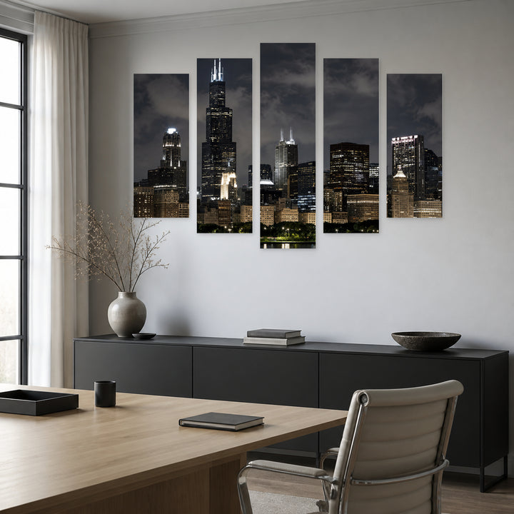 Skyscrapers in Chicago with Dramatic Contrast — five-panel wall art in alternate frontal interior | 5wallart 55735 M4