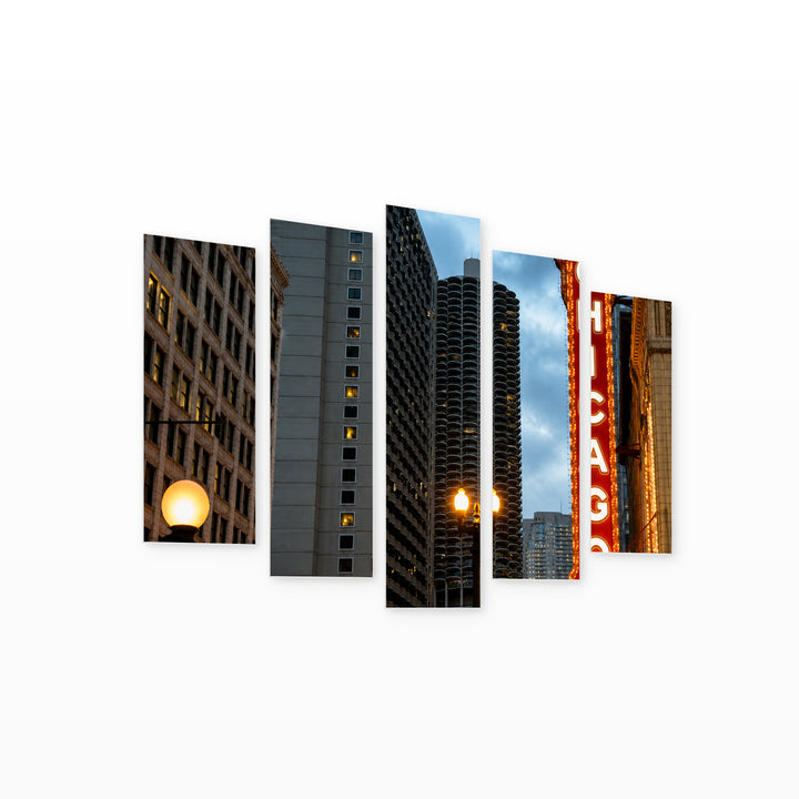 Chicago Sign with Dramatic Contrast — five-panel wall art on white background in perspective | 5wallart 55736 M1