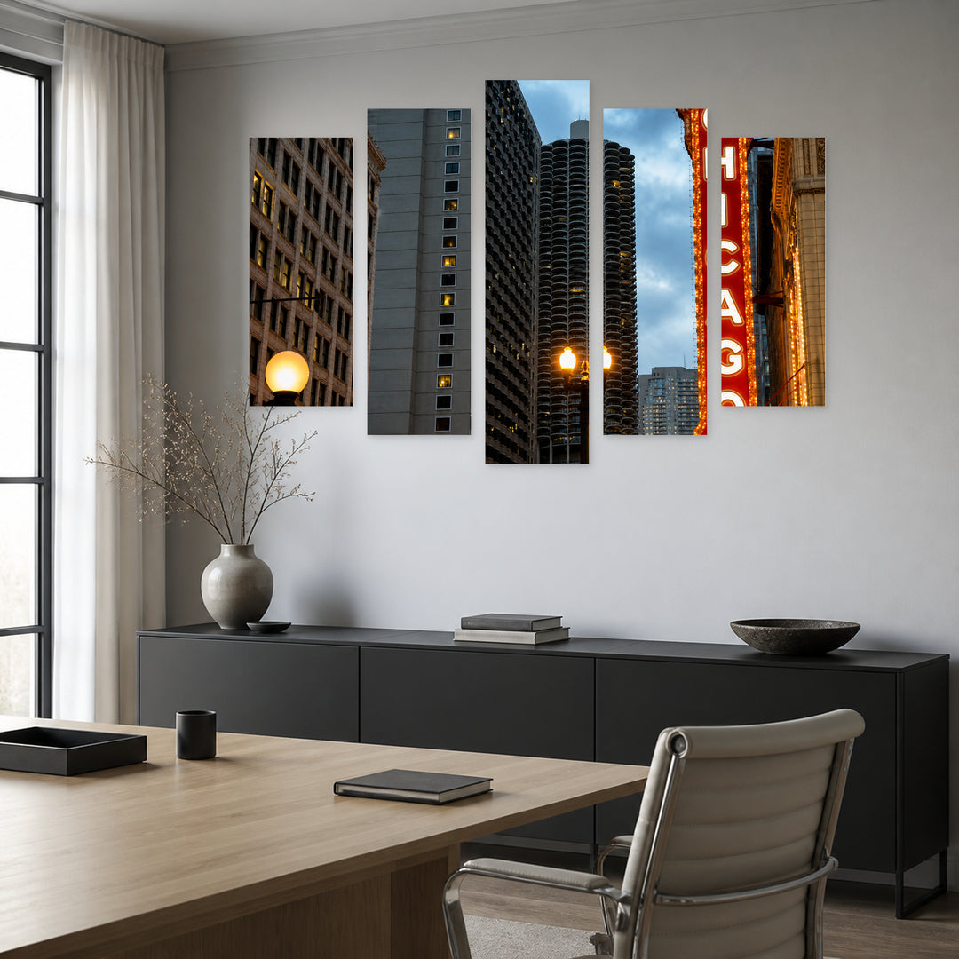 Chicago Sign with Dramatic Contrast — five-panel wall art in frontal interior | 5wallart 55736 M3