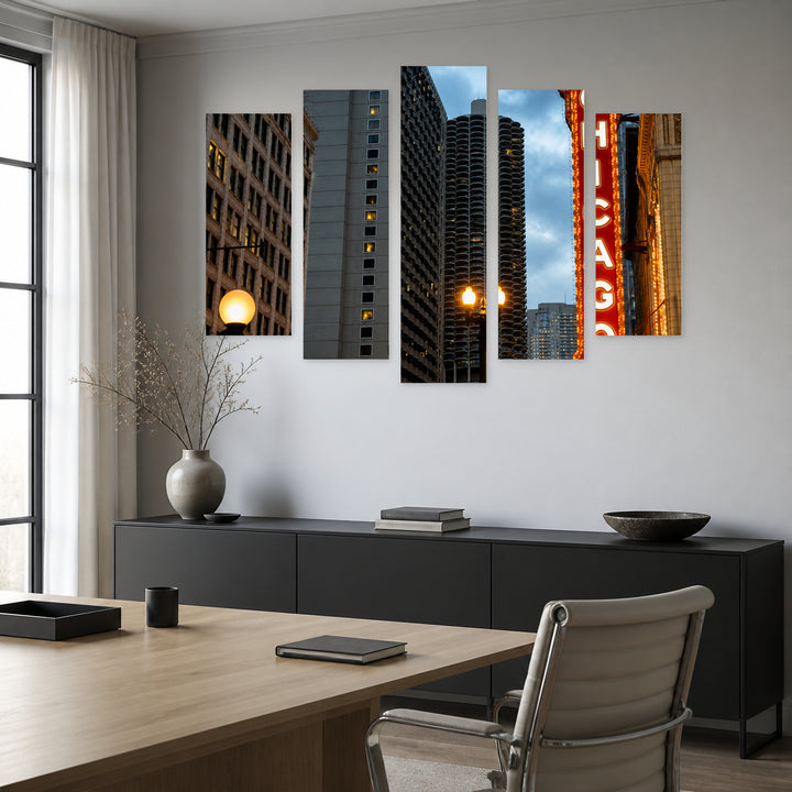 Chicago Sign with Dramatic Contrast — five-panel wall art in frontal interior | 5wallart 55736 M3