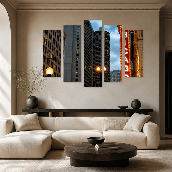 Chicago Sign with Dramatic Contrast — five-panel wall art in alternate frontal interior | 5wallart 55736 M4