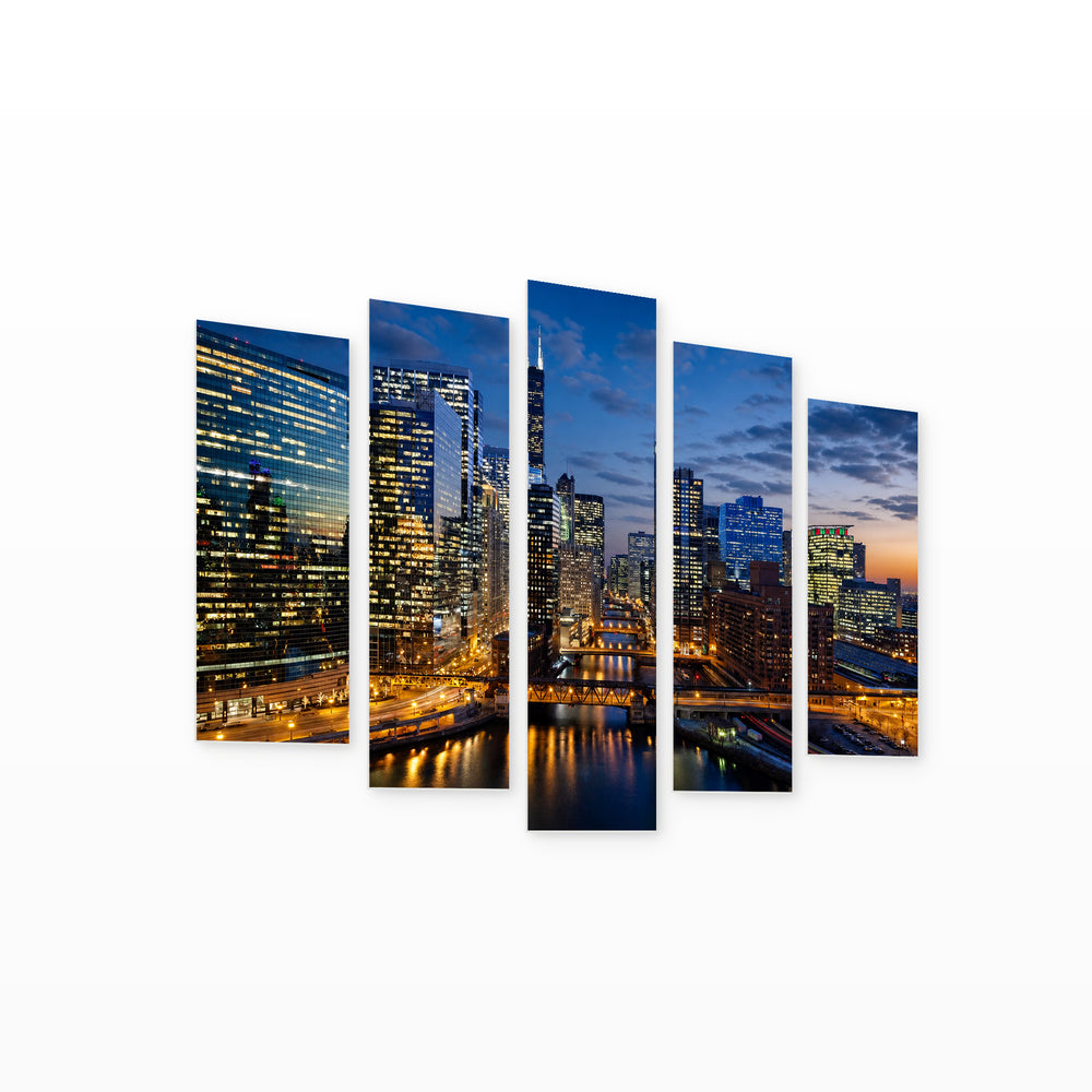 Chicago After Dark — five-panel wall art on white background in perspective | 5wallart 55737 M1