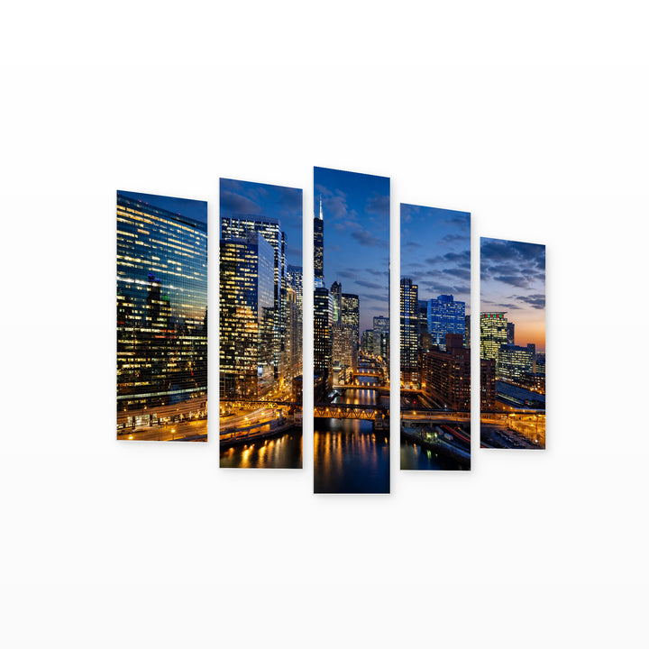 Chicago After Dark — five-panel wall art on white background in perspective | 5wallart 55737 M1