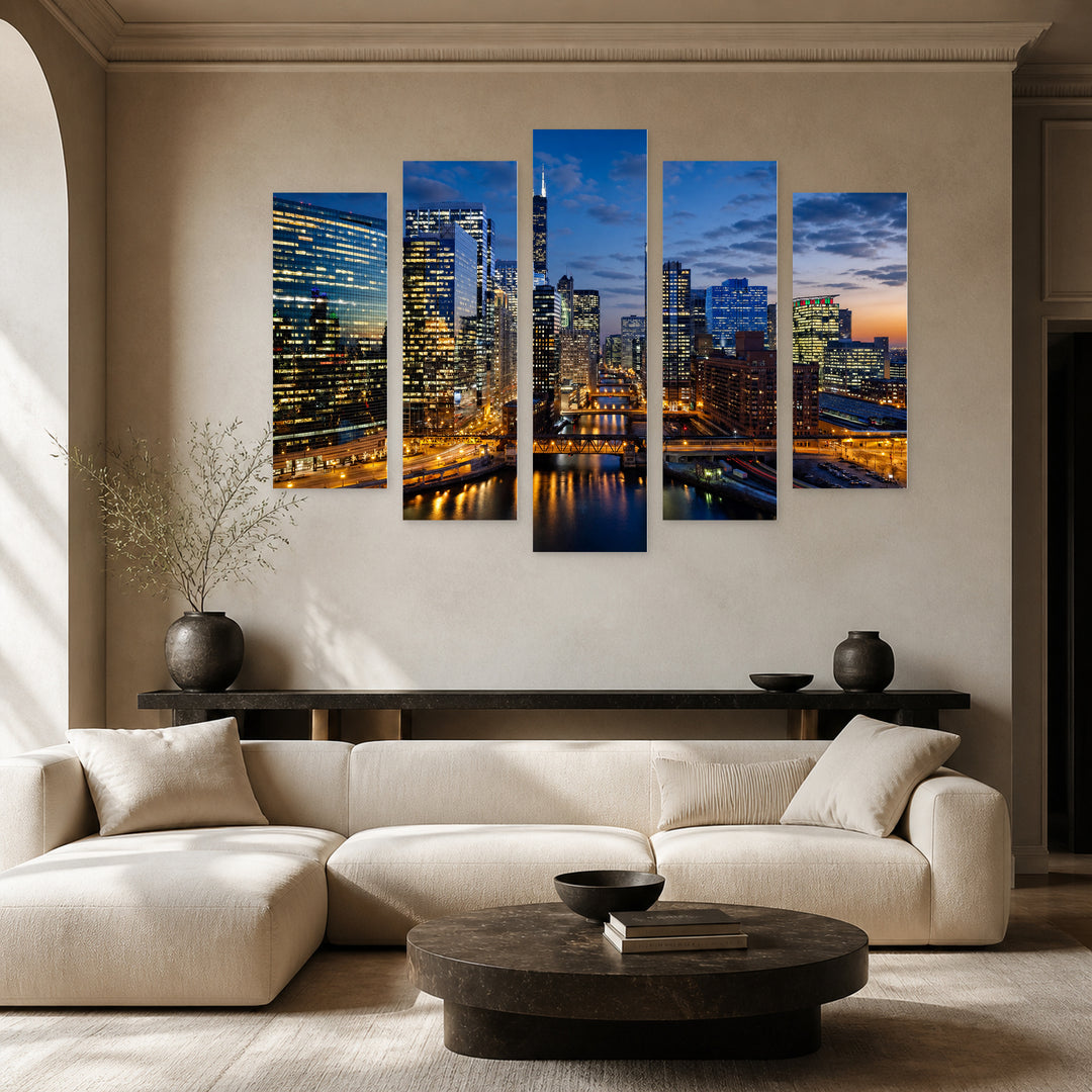Chicago After Dark — five-panel wall art in frontal interior | 5wallart 55737 M3