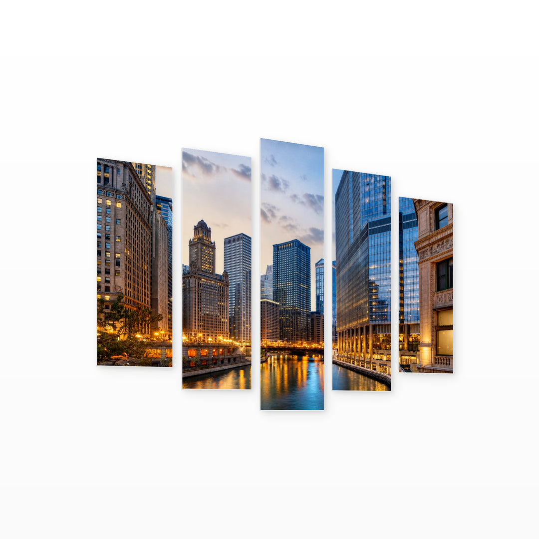 Chicago at Dusk in Blue and Gold — five-panel wall art on white background in perspective | 5wallart 55738 M1