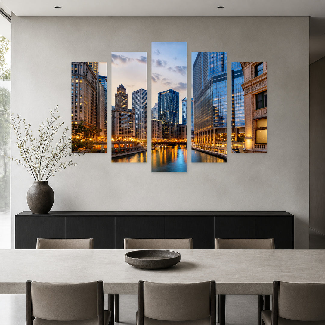 Chicago at Dusk in Blue and Gold — five-panel wall art in frontal interior | 5wallart 55738 M3