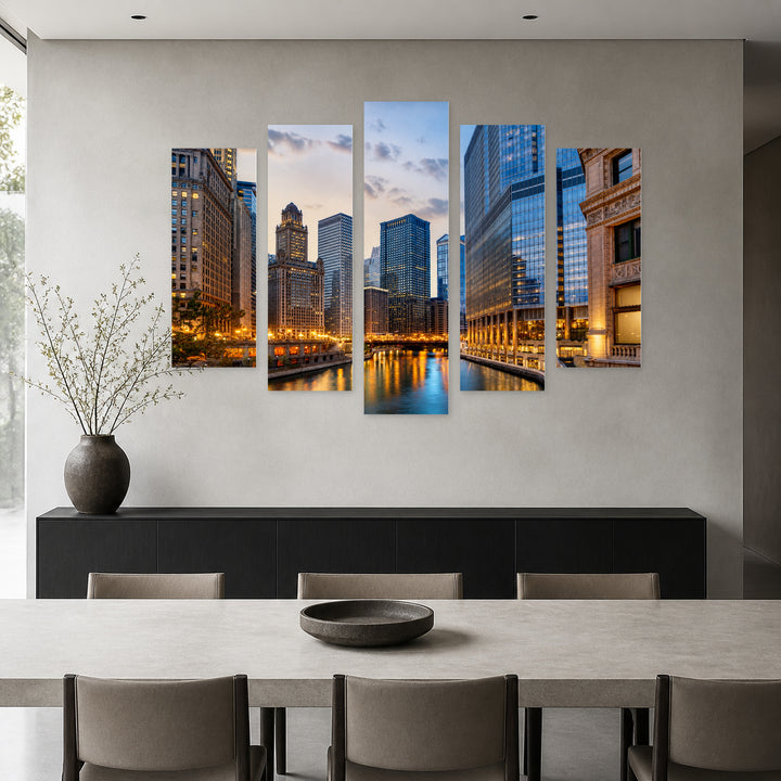 Chicago at Dusk in Blue and Gold — five-panel wall art in frontal interior | 5wallart 55738 M3
