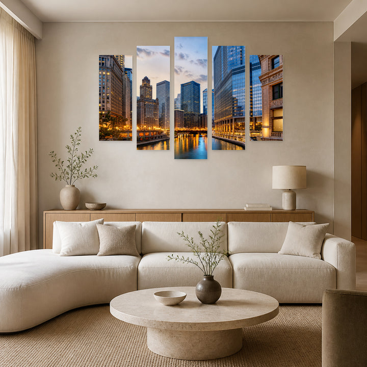 Chicago at Dusk in Blue and Gold — five-panel wall art in alternate frontal interior | 5wallart 55738 M4