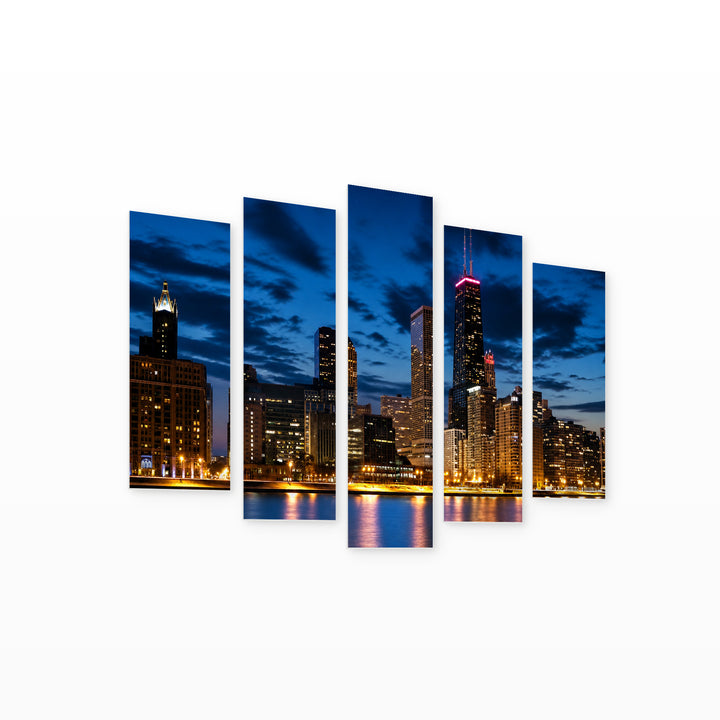 Chicago at Night — five-panel wall art on white background in perspective | 5wallart 55739 M1