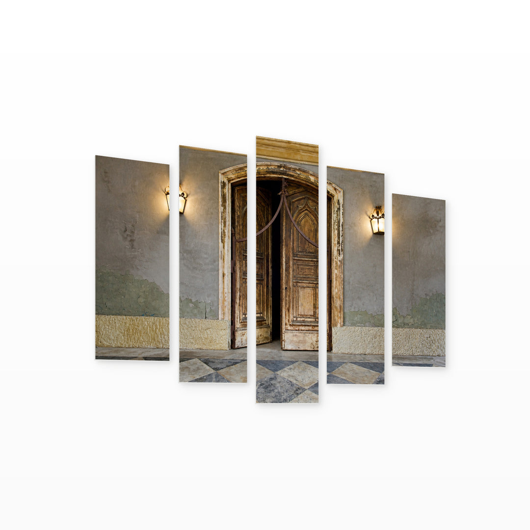 Wooden Mystical Door Urban Panorama — five-panel wall art on white background in perspective | 5wallart 55740 M1