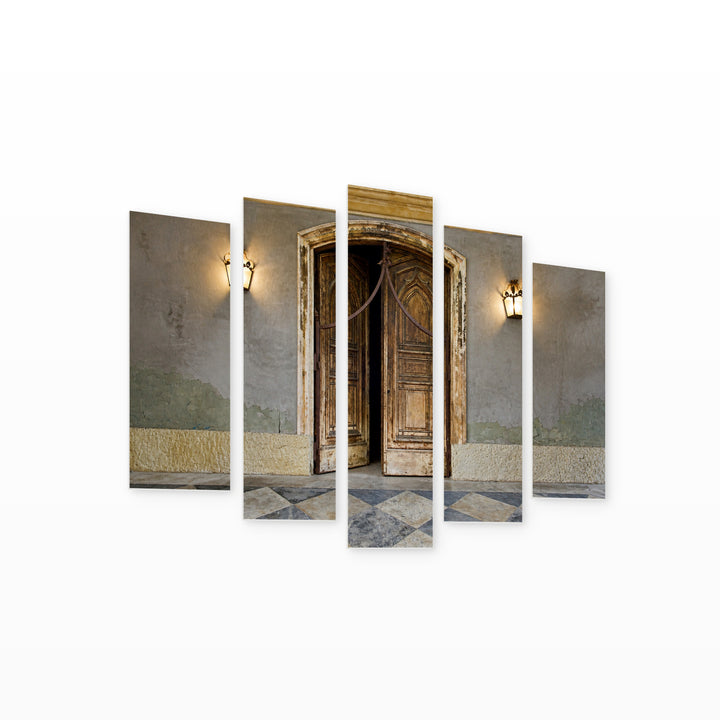 Wooden Mystical Door Urban Panorama — five-panel wall art on white background in perspective | 5wallart 55740 M1