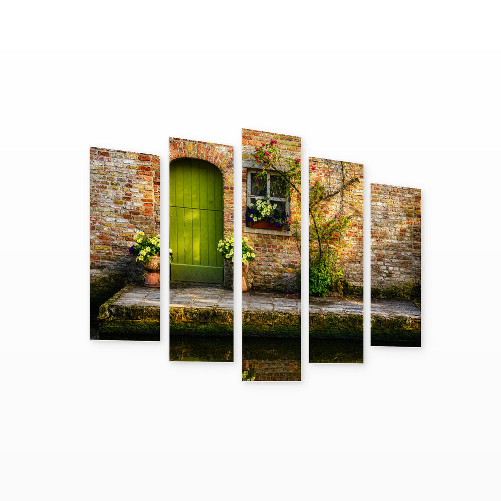 Vintage Green Door and Flowers with Dreamlike Atmosphere — five-panel wall art on white background in perspective | 5wallart 55742 M1