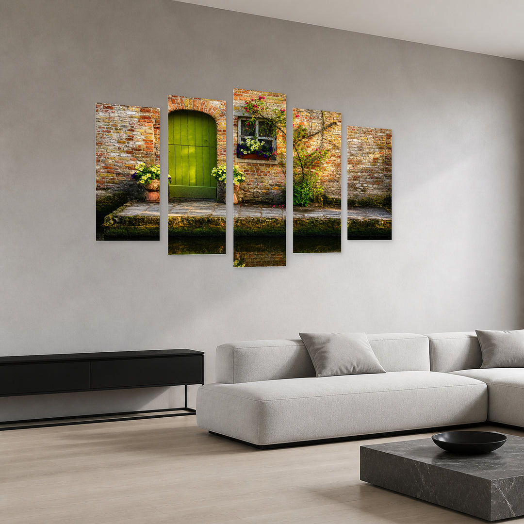 Vintage Green Door and Flowers with Dreamlike Atmosphere — five-panel wall art in perspective interior | 5wallart 55742 M2