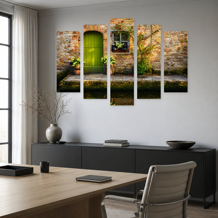Vintage Green Door and Flowers with Dreamlike Atmosphere — five-panel wall art in frontal interior | 5wallart 55742 M3
