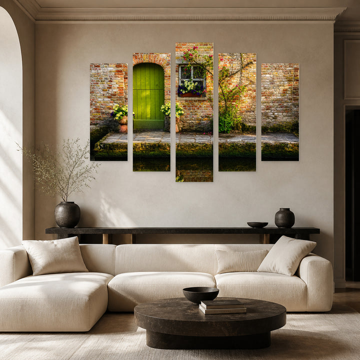 Vintage Green Door and Flowers with Dreamlike Atmosphere — five-panel wall art in alternate frontal interior | 5wallart 55742 M4