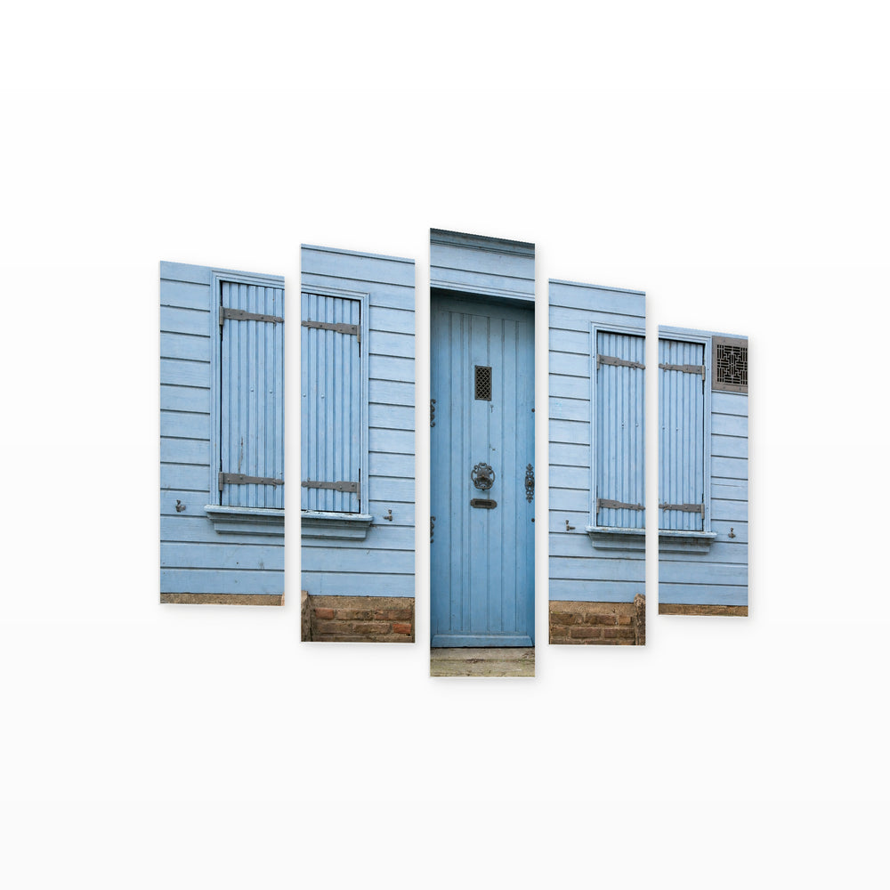 Vintage Details on a Blue Door — five-panel wall art on white background in perspective | 5wallart 55743 M1